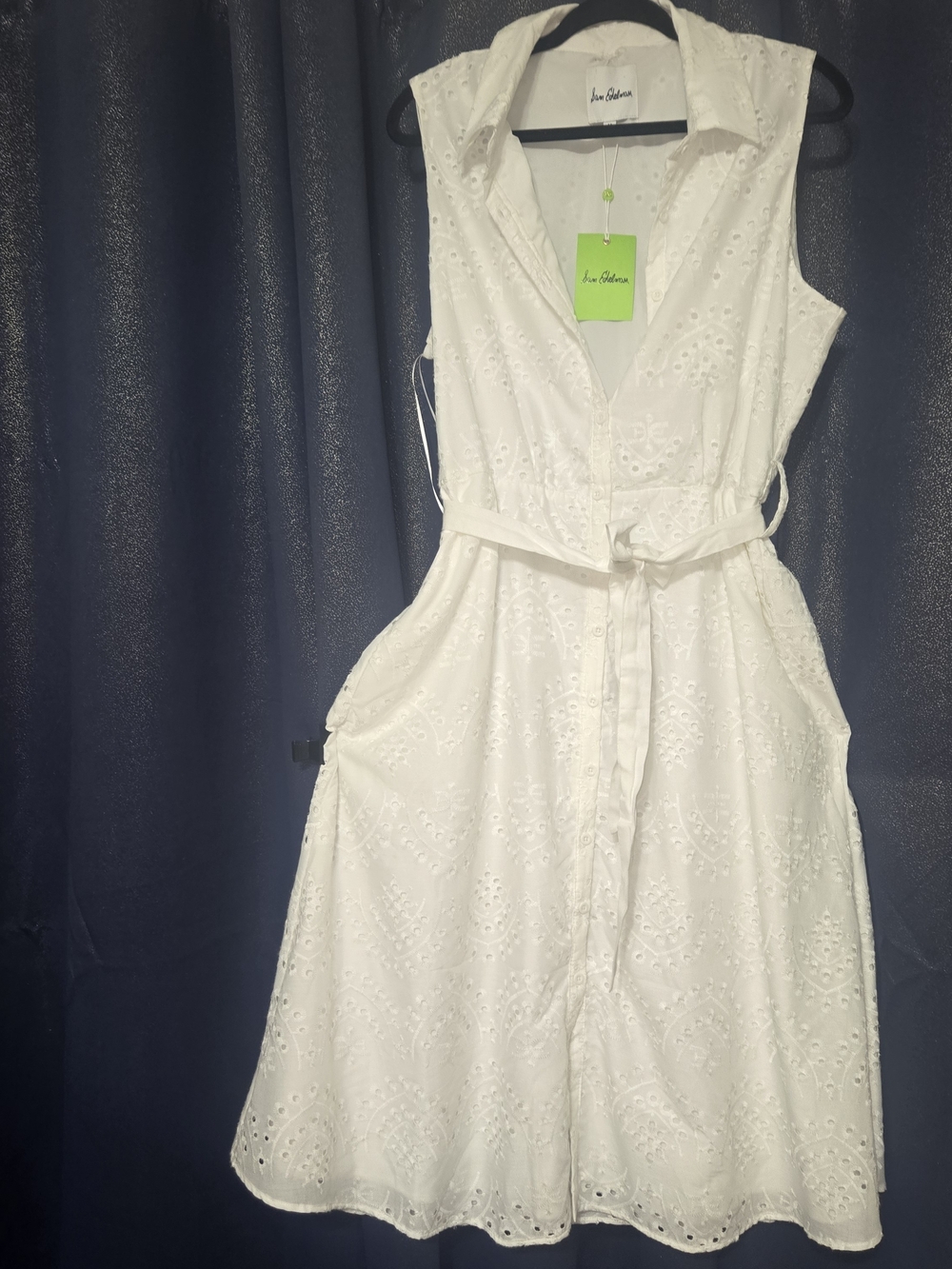 Sam Edelman White Eyelet Collared Midi Dress with Tie Waist and Scalloped Hem